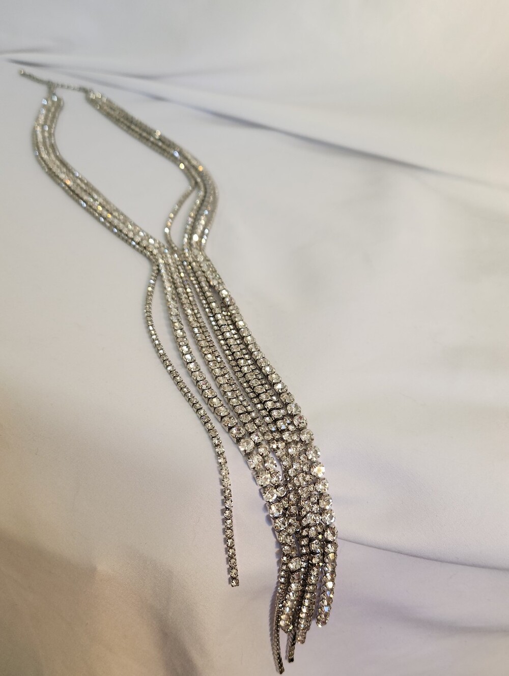 Silver Crystal Multi-Strand Fringe Necklace 8 Strand